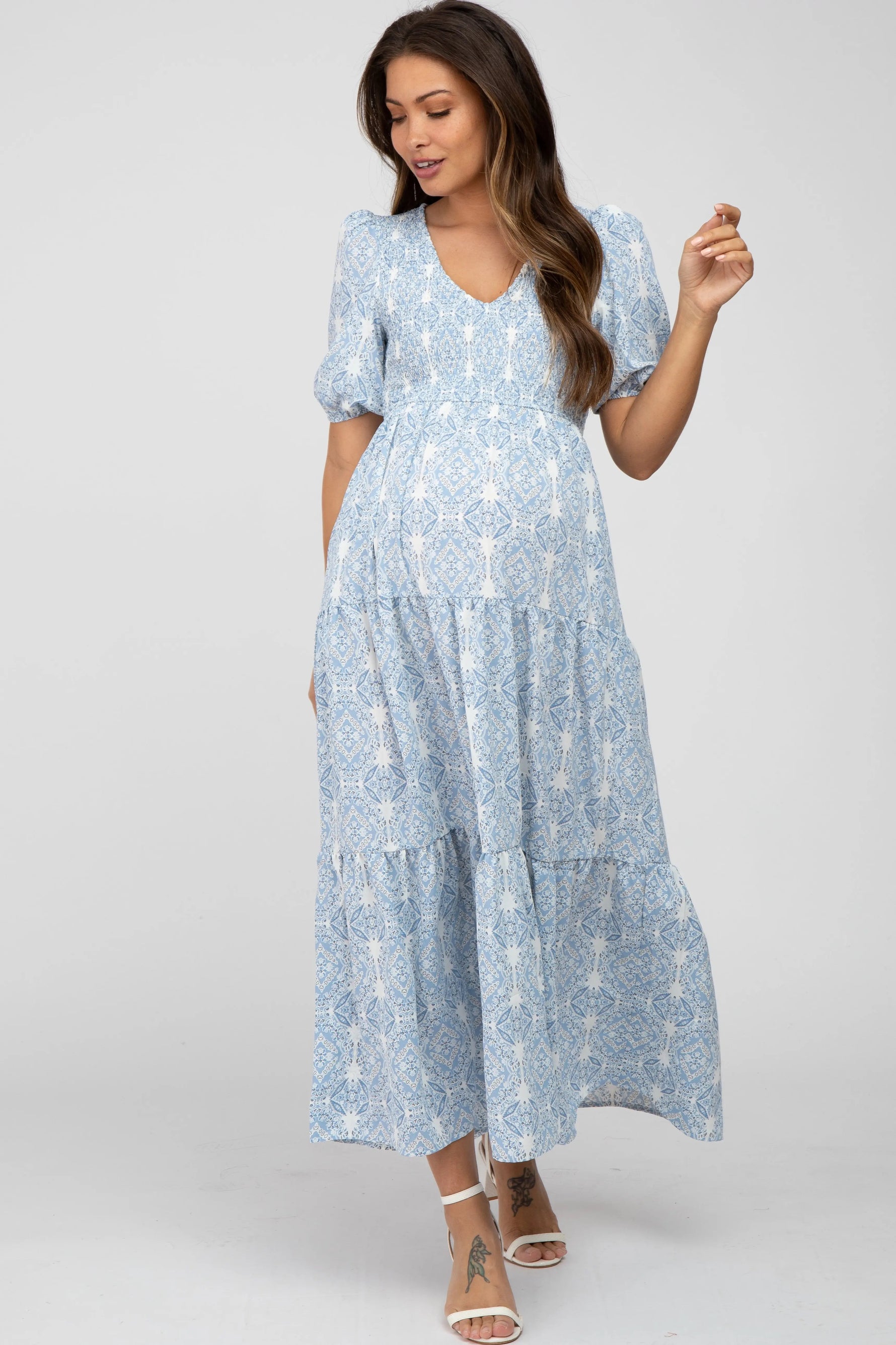 PinkBlush Blue Paisley Print Smocked Tiered Maternity Maxi Dress - 