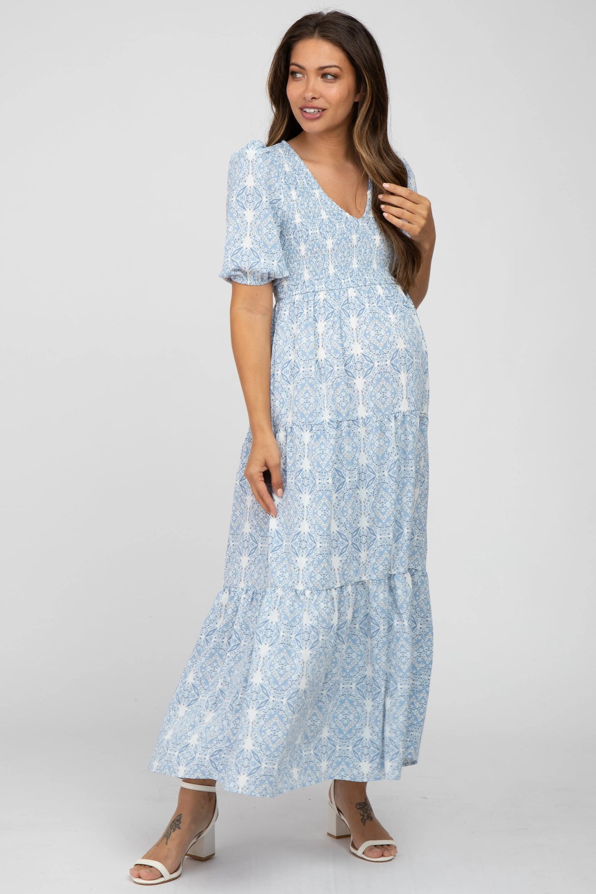 PinkBlush Blue Paisley Print Smocked Tiered Maternity Maxi Dress - 