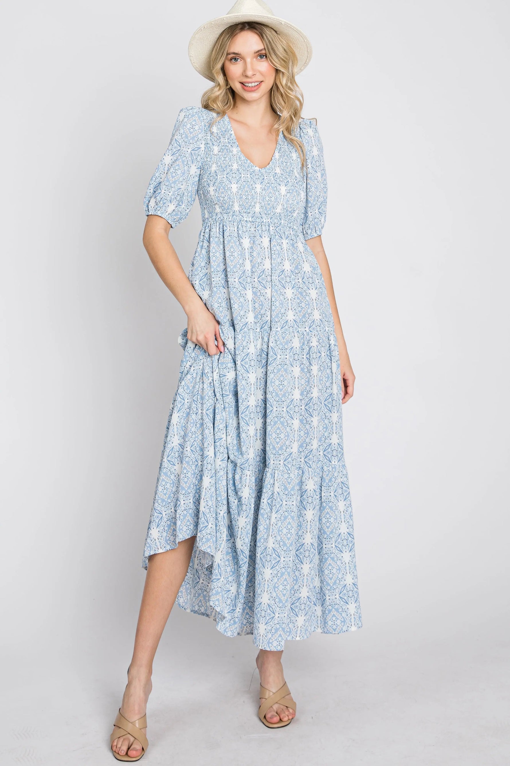 PinkBlush Blue Paisley Print Smocked Tiered Maxi Dress - 