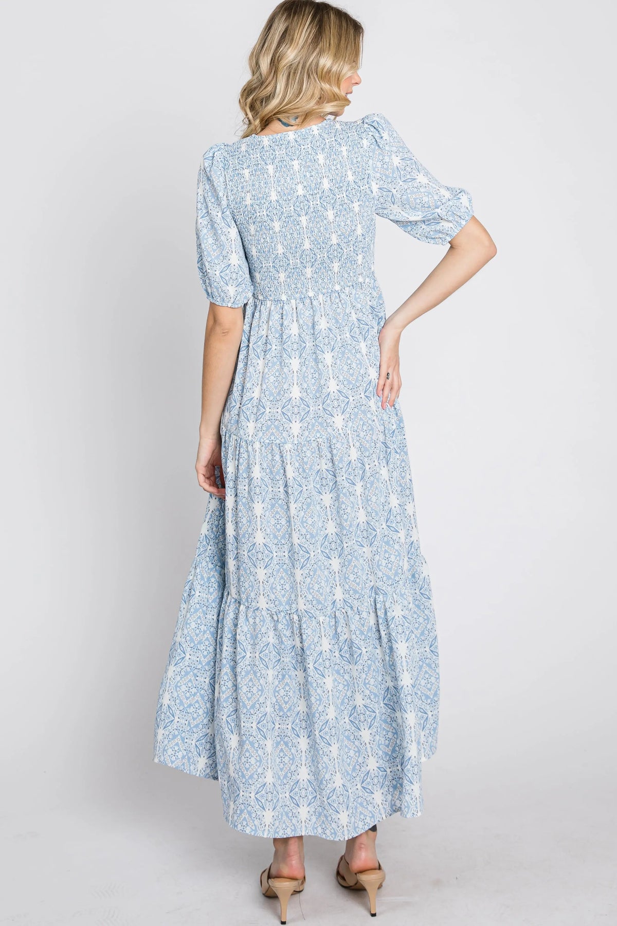 PinkBlush Blue Paisley Print Smocked Tiered Maxi Dress - 