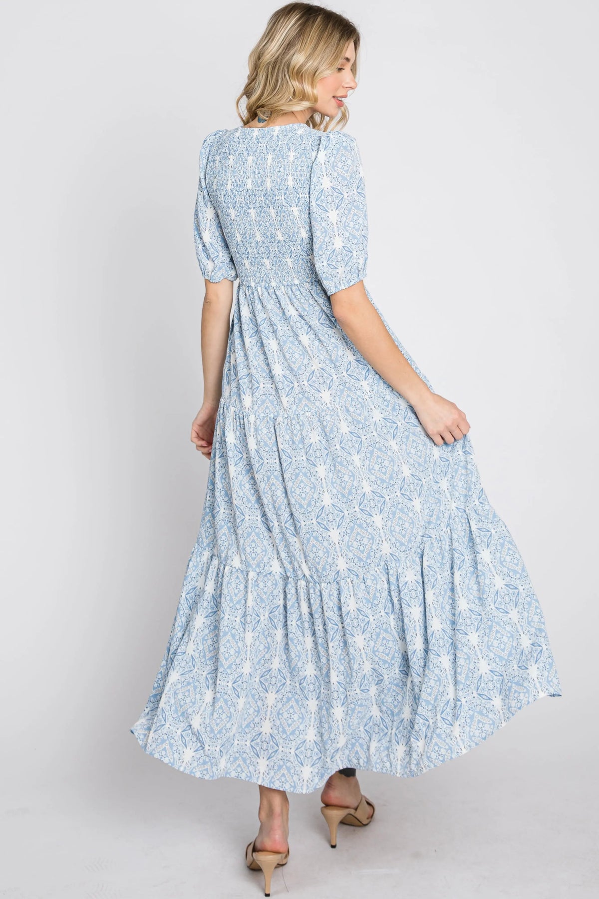PinkBlush Blue Paisley Print Smocked Tiered Maxi Dress - 