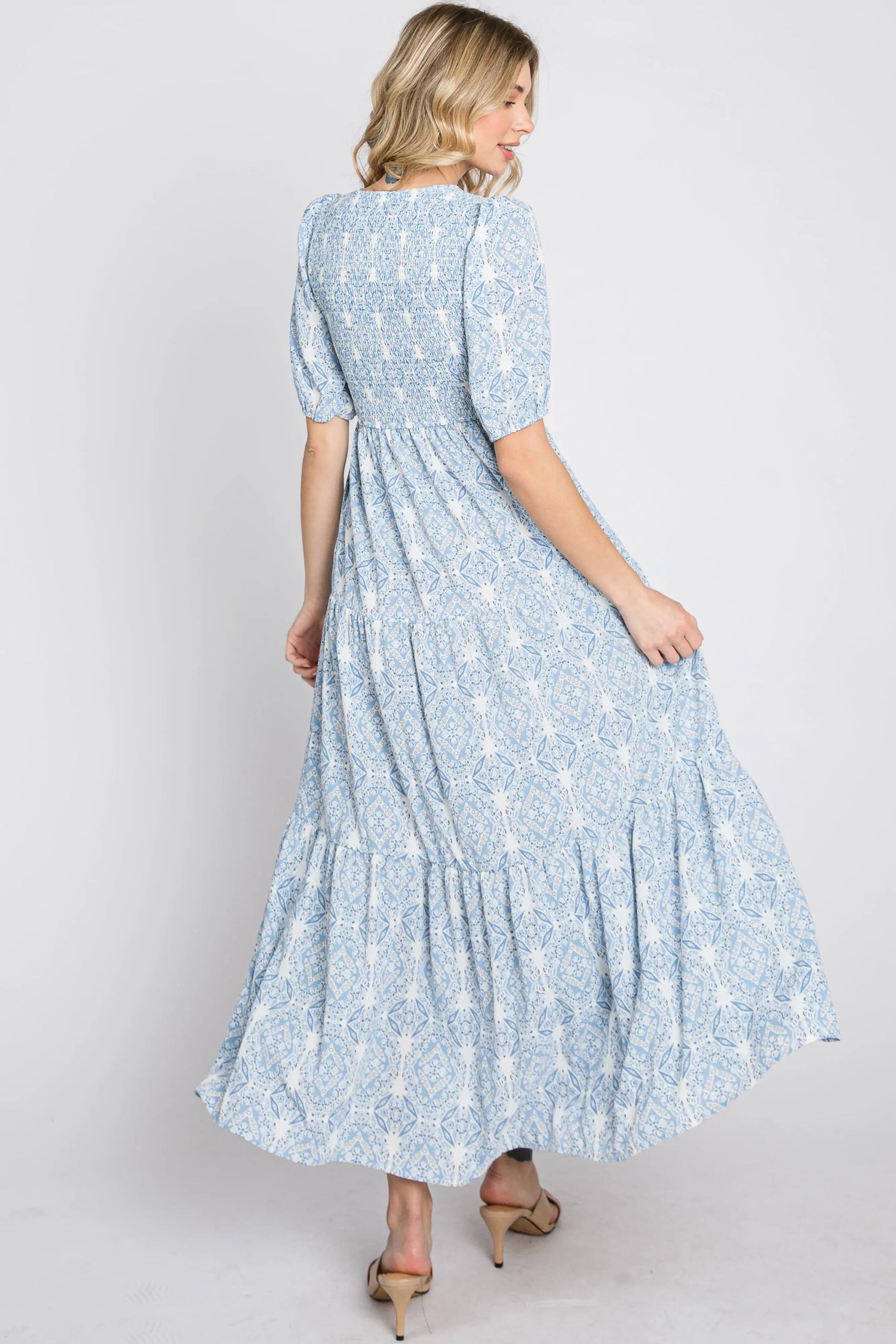 PinkBlush Blue Paisley Print Smocked Tiered Maxi Dress - 