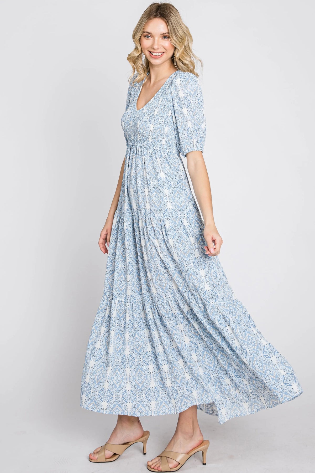 PinkBlush Blue Paisley Print Smocked Tiered Maxi Dress - 