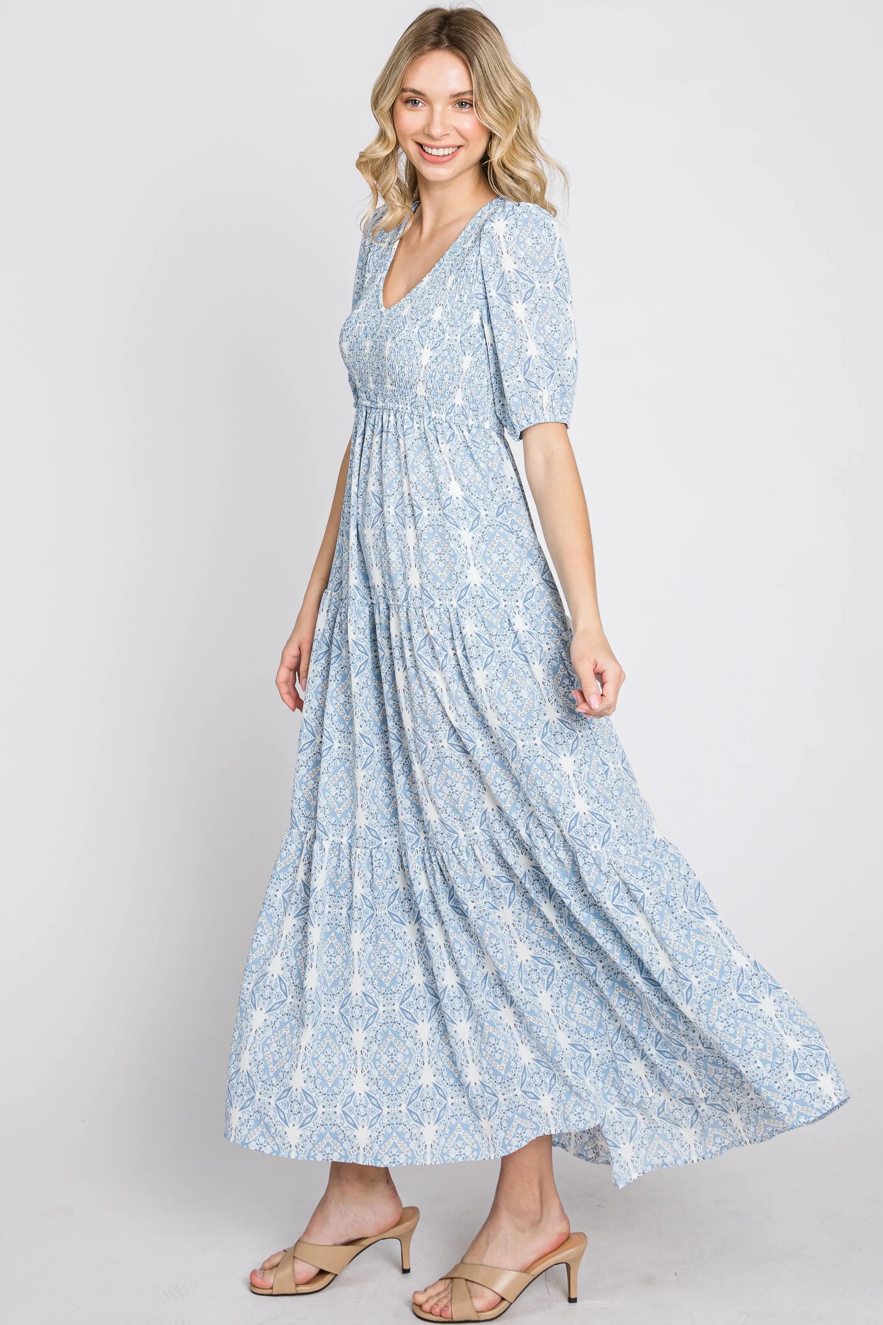 PinkBlush Blue Paisley Print Smocked Tiered Maxi Dress - 