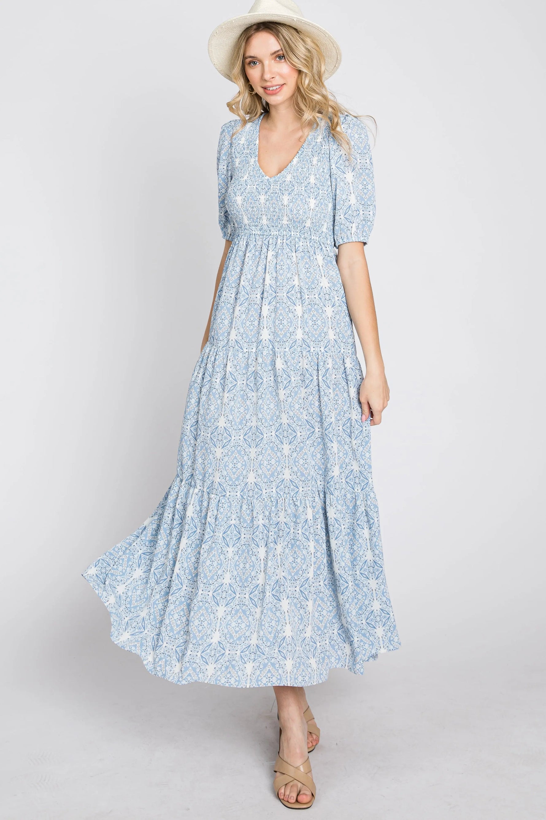 PinkBlush Blue Paisley Print Smocked Tiered Maxi Dress - 