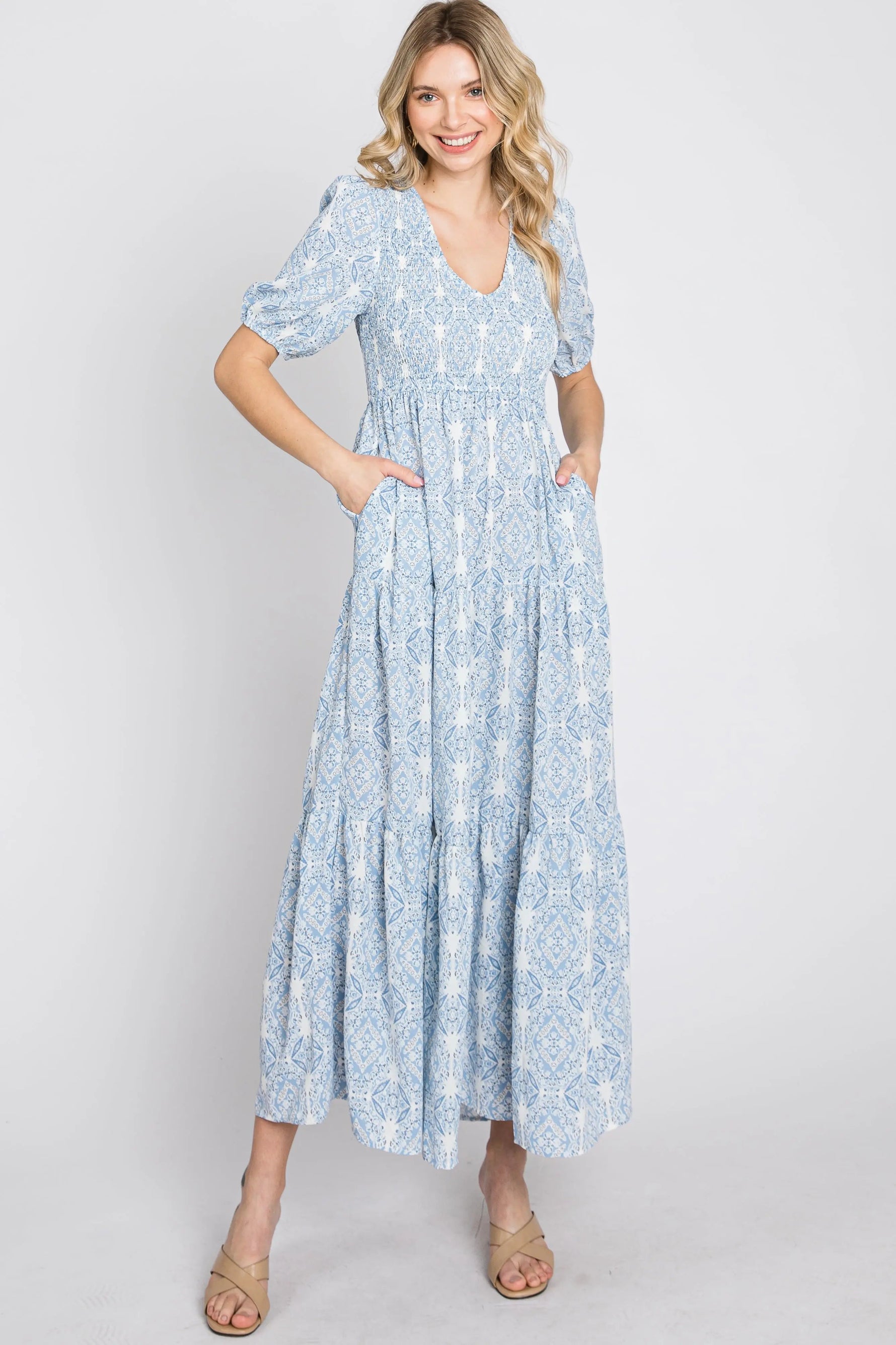 PinkBlush Blue Paisley Print Smocked Tiered Maxi Dress - 