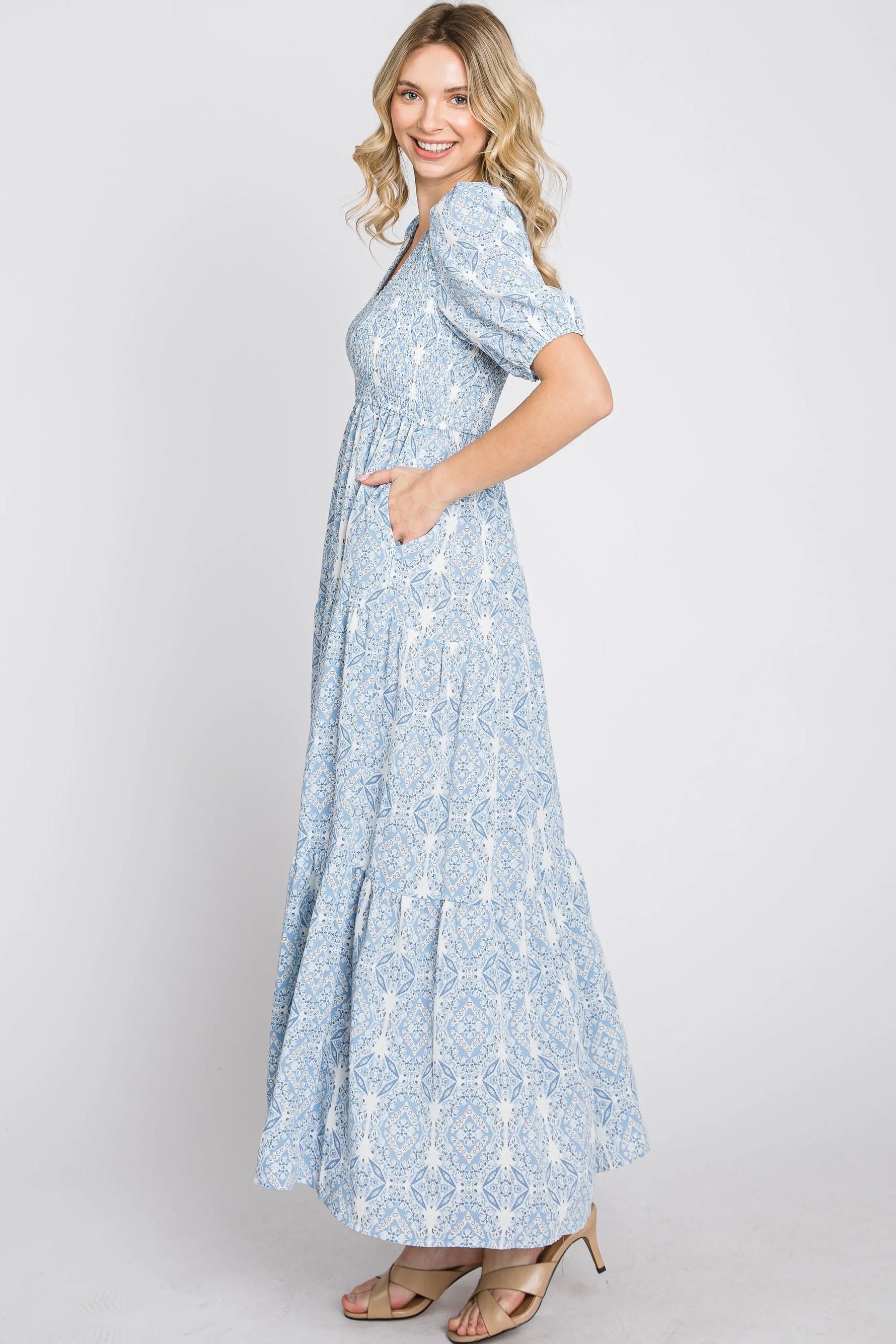 PinkBlush Blue Paisley Print Smocked Tiered Maxi Dress - 