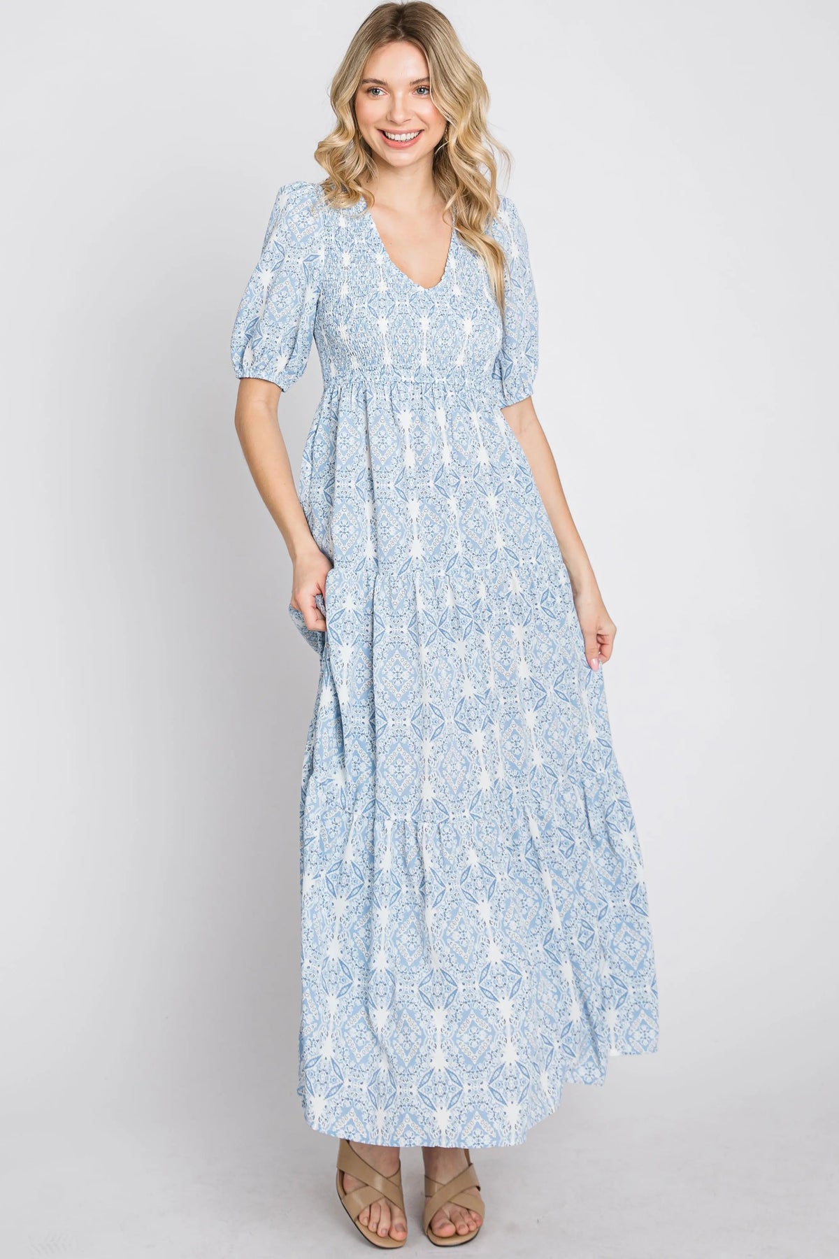 PinkBlush Blue Paisley Print Smocked Tiered Maxi Dress - 