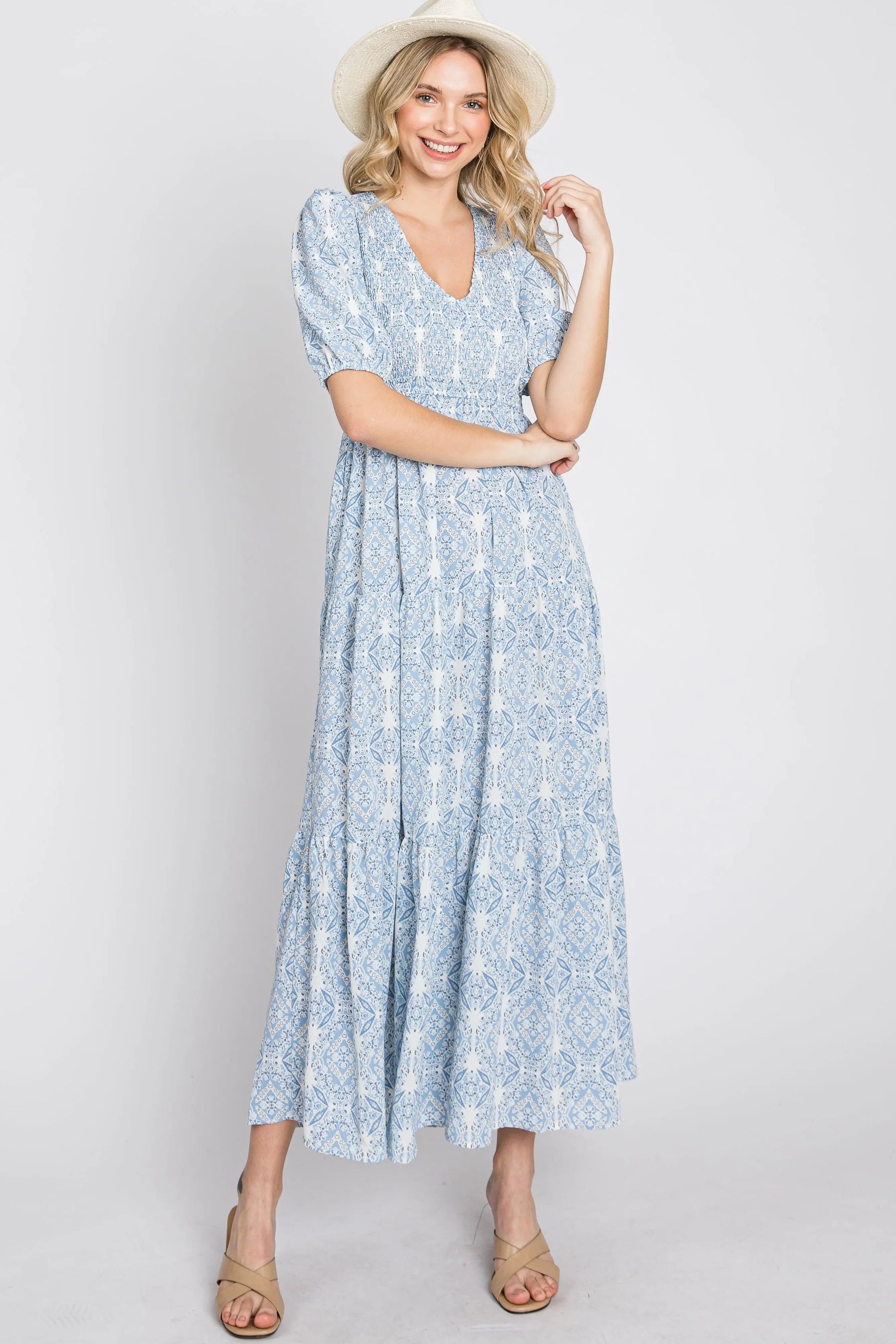 PinkBlush Blue Paisley Print Smocked Tiered Maxi Dress - 