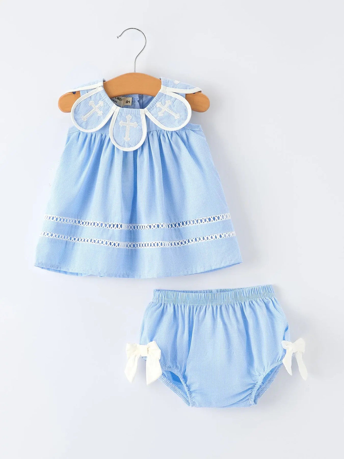 Blue Peter Pan Collar Christening Bloomer Set For Baby Girls Rylee Faith Designs 