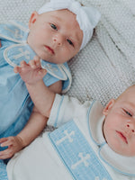 Rylee Faith Designs Blue Petal Peter Pan Collar Christening Baby Girls Bloomer Set
