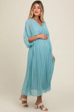 PinkBlush Blue Pleated V Neck Maternity Maxi Dress - 