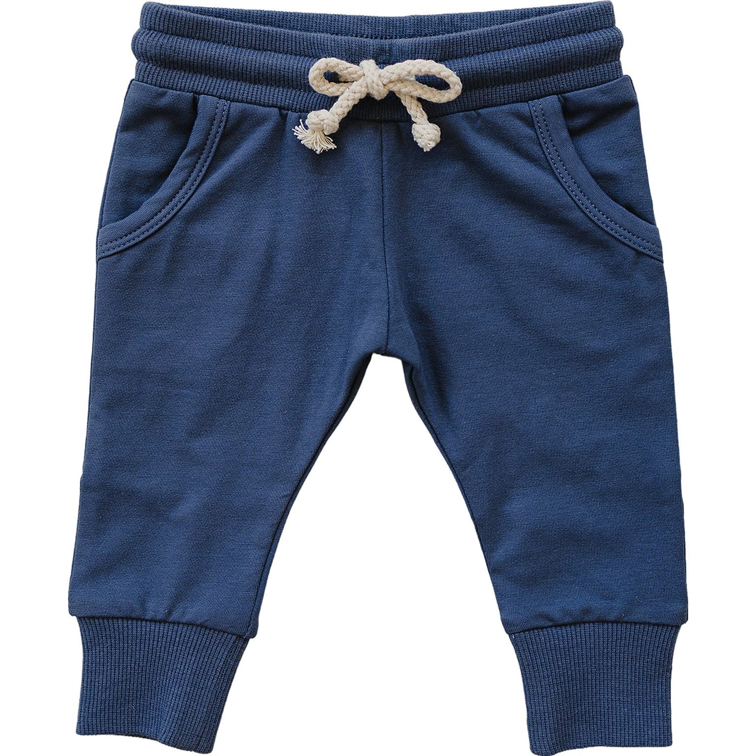 Navy blue joggers with an elastic drawstring waistband and side pockets, tapered at the ankles.