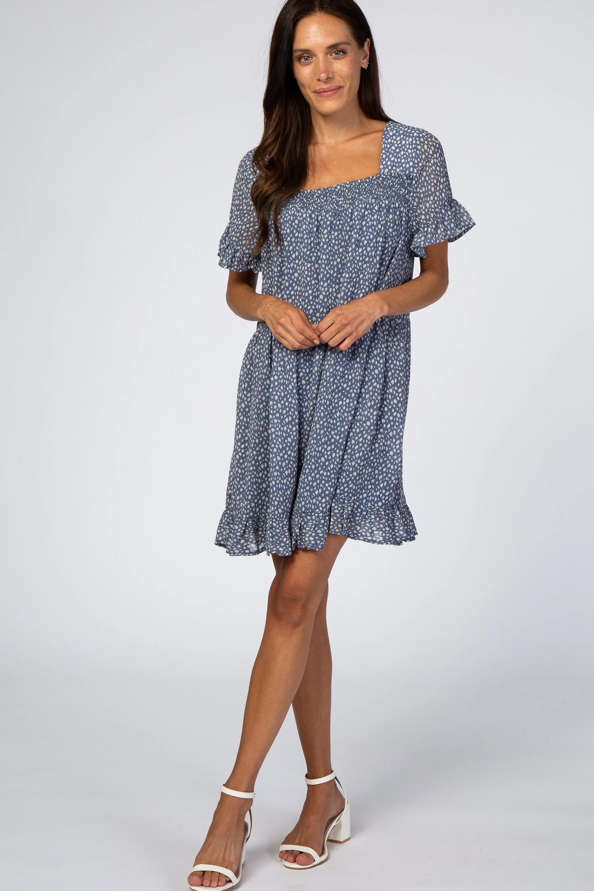 PinkBlush Blue Printed Chiffon Square Neck Ruffle Trim Dress - 