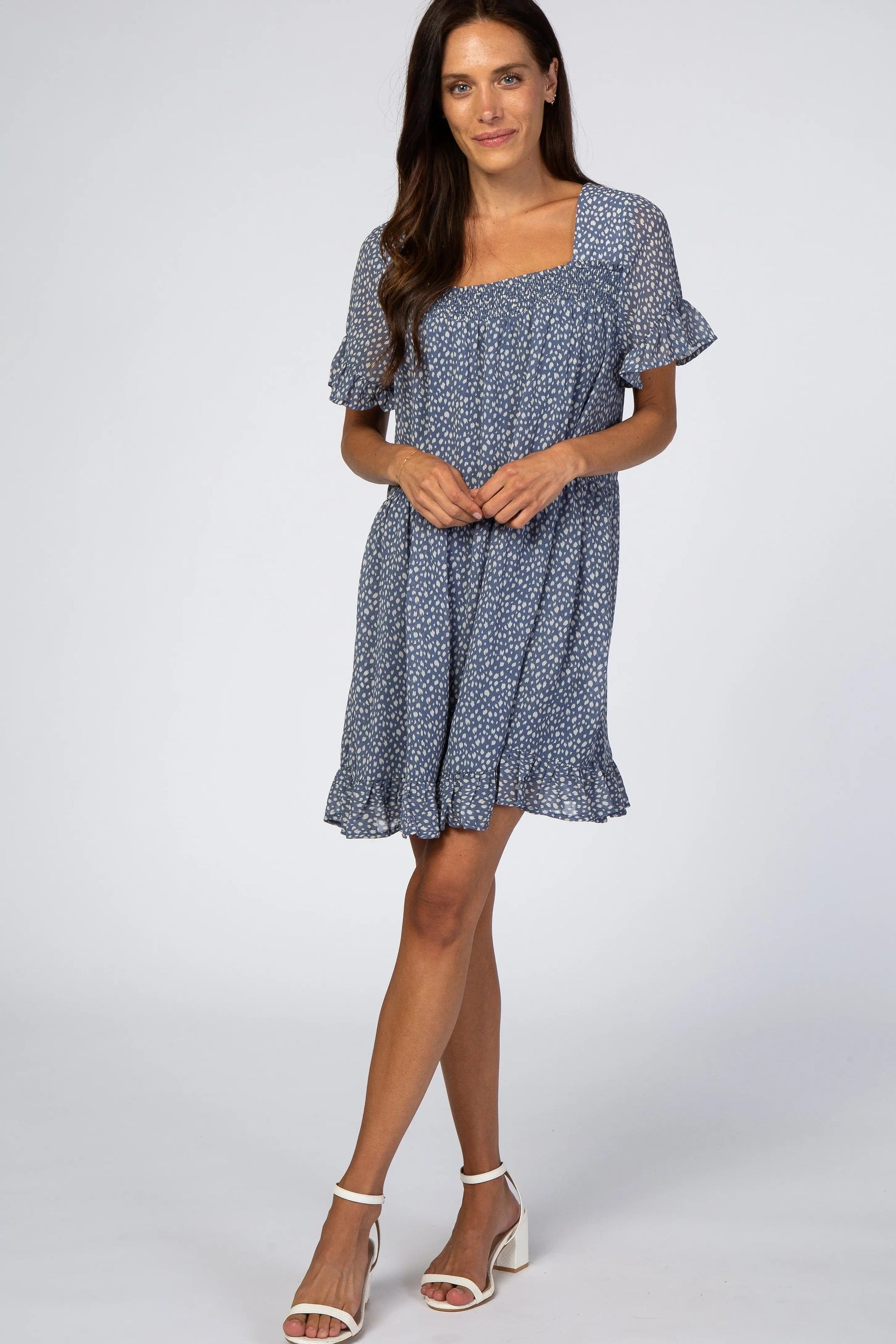 PinkBlush Blue Printed Chiffon Square Neck Ruffle Trim Dress - 