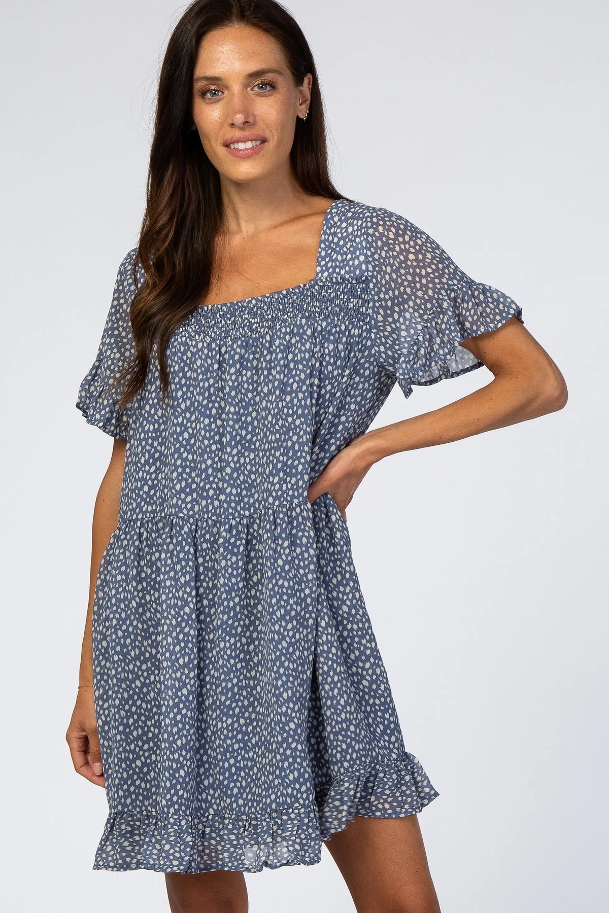 PinkBlush Blue Printed Chiffon Square Neck Ruffle Trim Dress - 