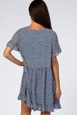 PinkBlush Blue Printed Chiffon Square Neck Ruffle Trim Dress - 