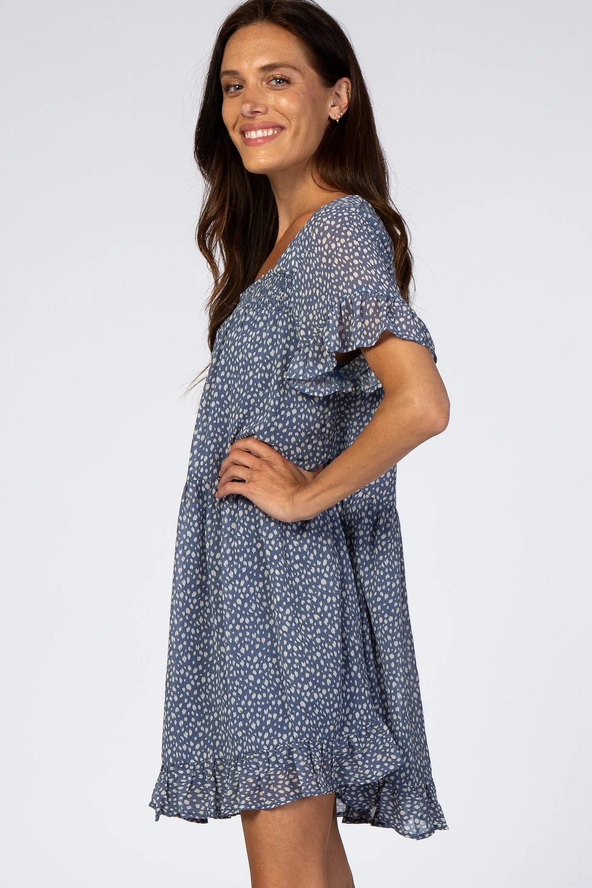 PinkBlush Blue Printed Chiffon Square Neck Ruffle Trim Dress - 
