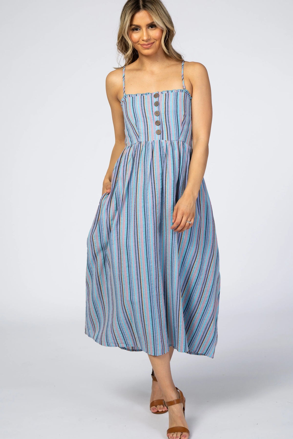 PinkBlush Blue Purple Striped Button Front Maternity Midi Dress - 