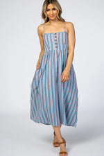 PinkBlush Blue Purple Striped Button Front Maternity Midi Dress - 