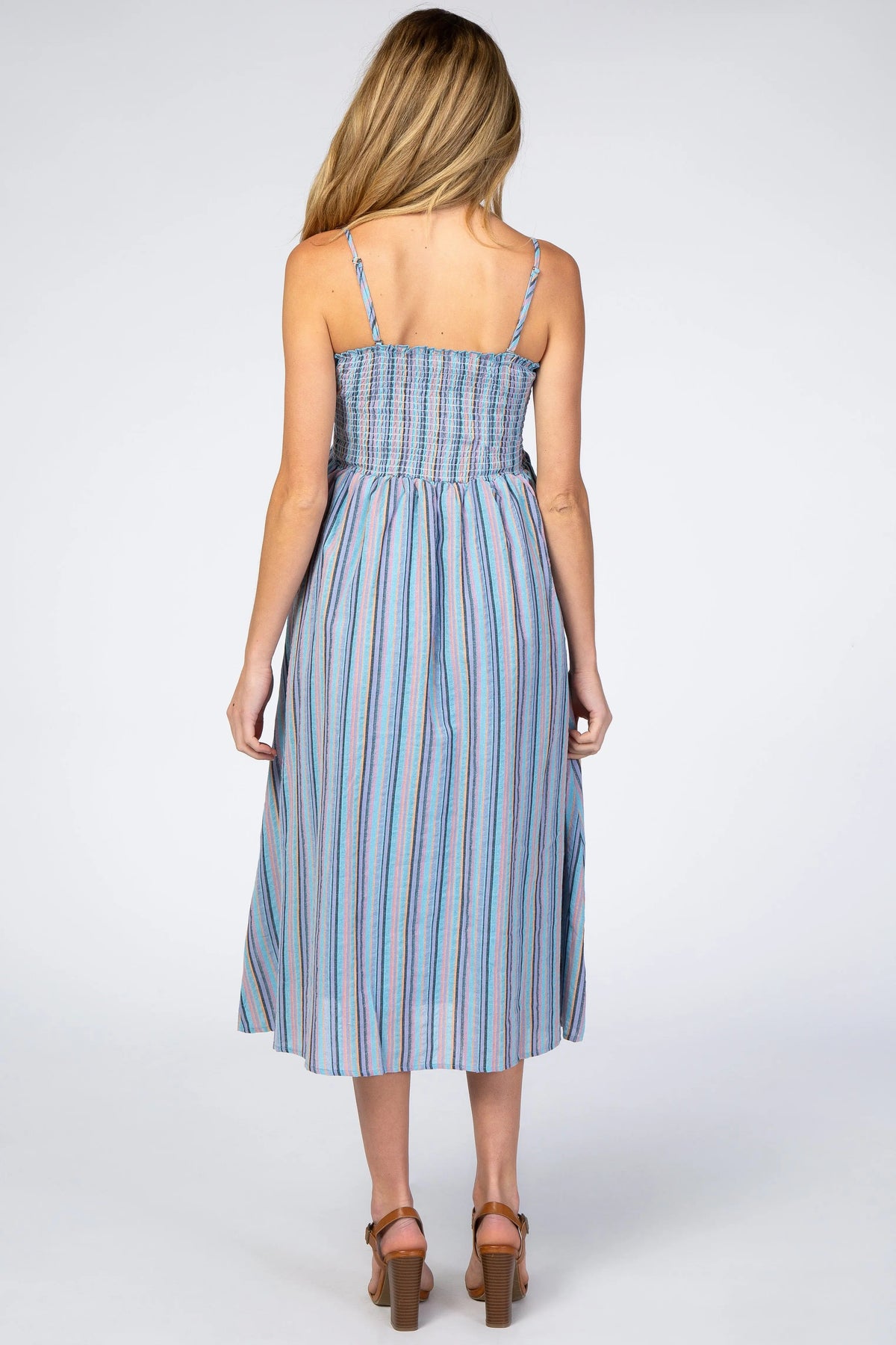 PinkBlush Blue Purple Striped Button Front Maternity Midi Dress - 