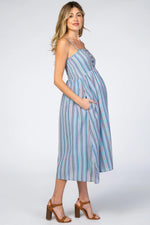 PinkBlush Blue Purple Striped Button Front Maternity Midi Dress - 