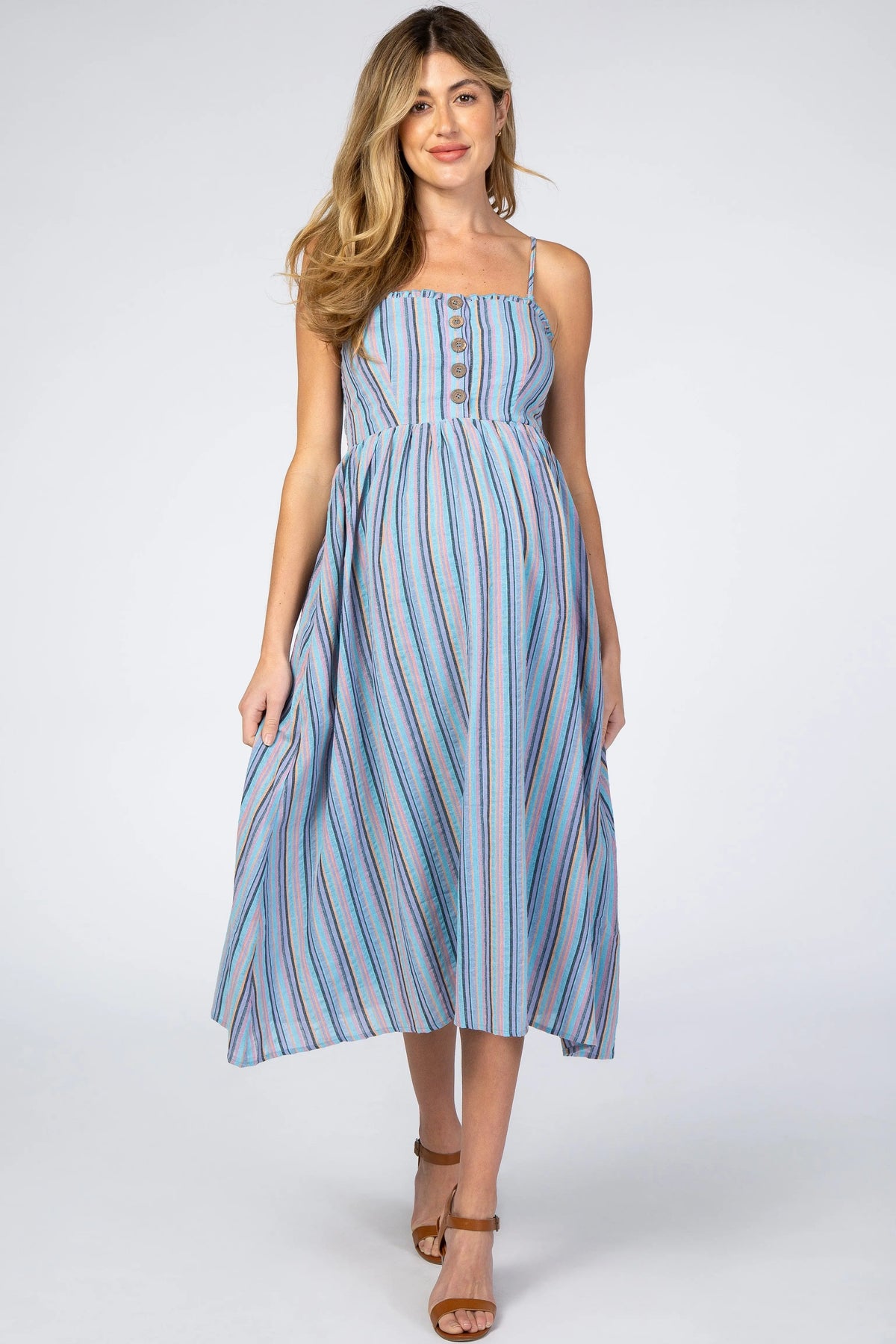 PinkBlush Blue Purple Striped Button Front Maternity Midi Dress - 