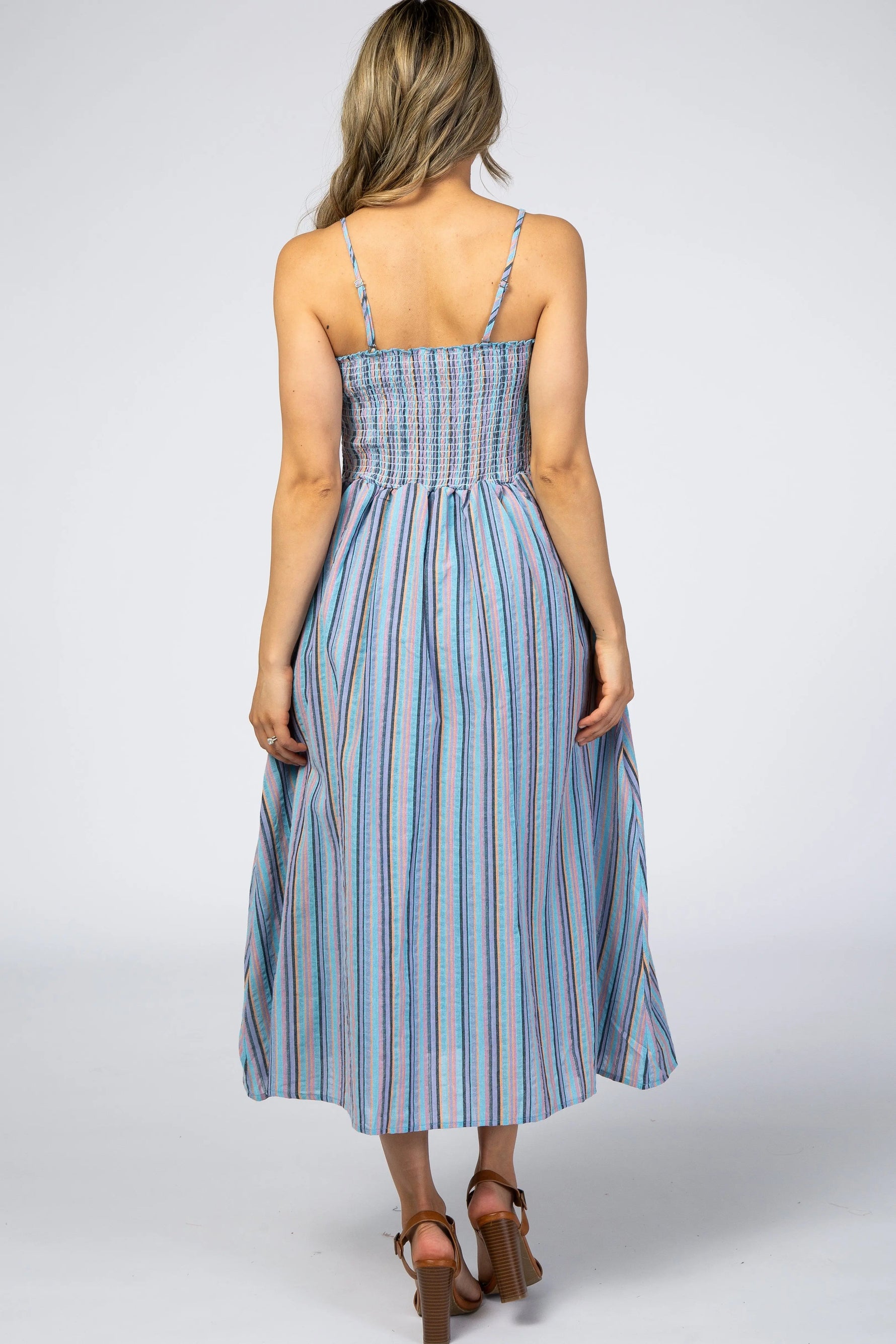 PinkBlush Blue Purple Striped Button Front Midi Dress - 