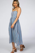 PinkBlush Blue Purple Striped Button Front Midi Dress - 