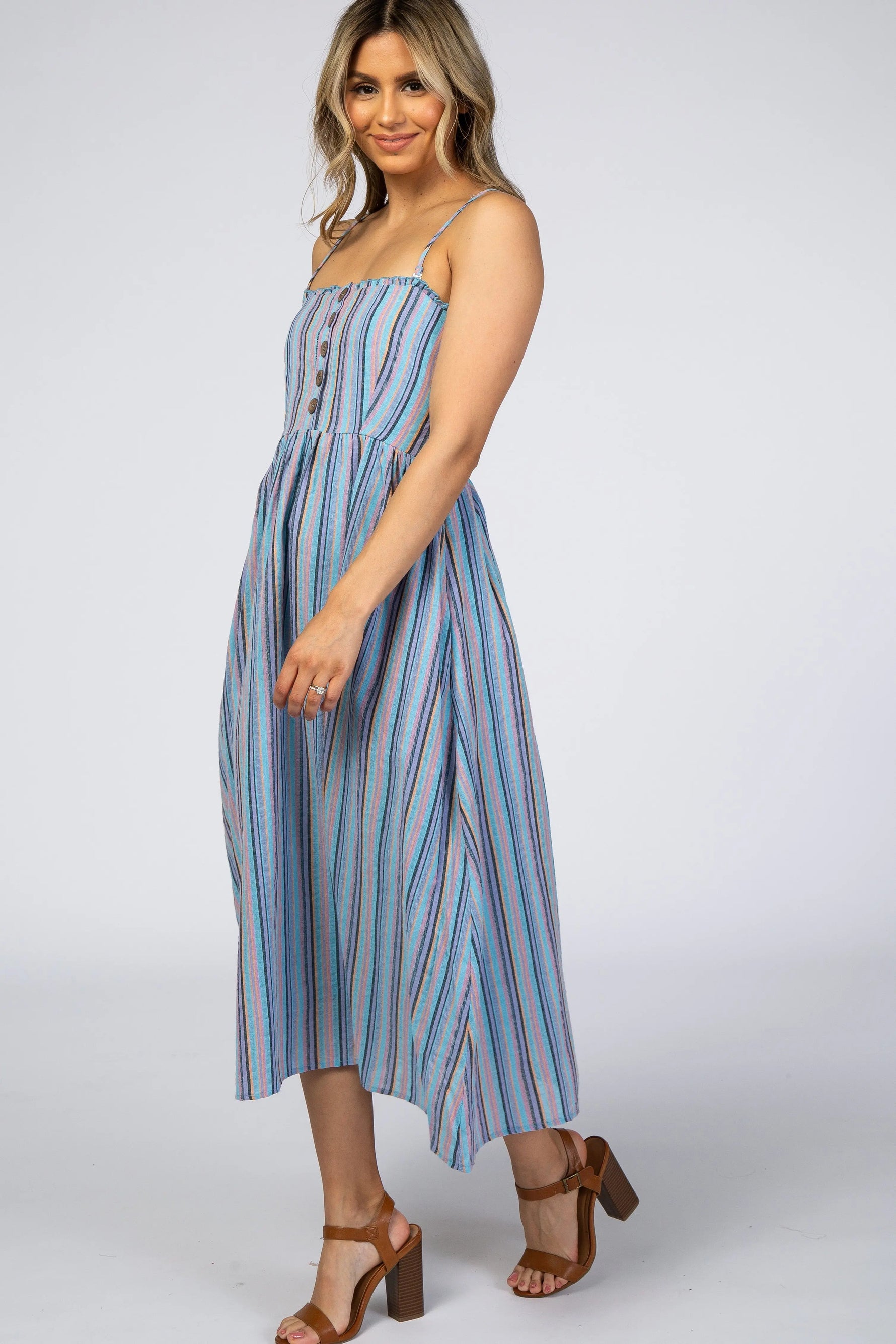 PinkBlush Blue Purple Striped Button Front Midi Dress - 