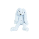 Blue plush rabbit toy with long ears and a soft rounded body, sitting upright
