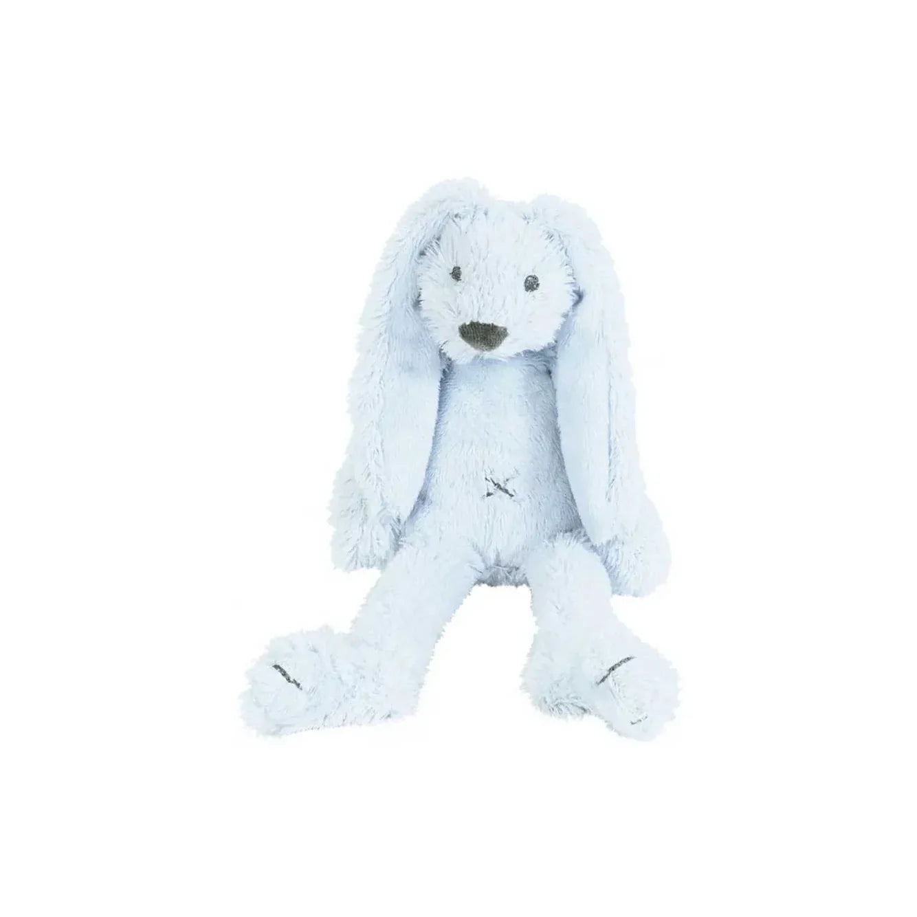 Blue plush rabbit toy with long ears and a soft rounded body, sitting upright