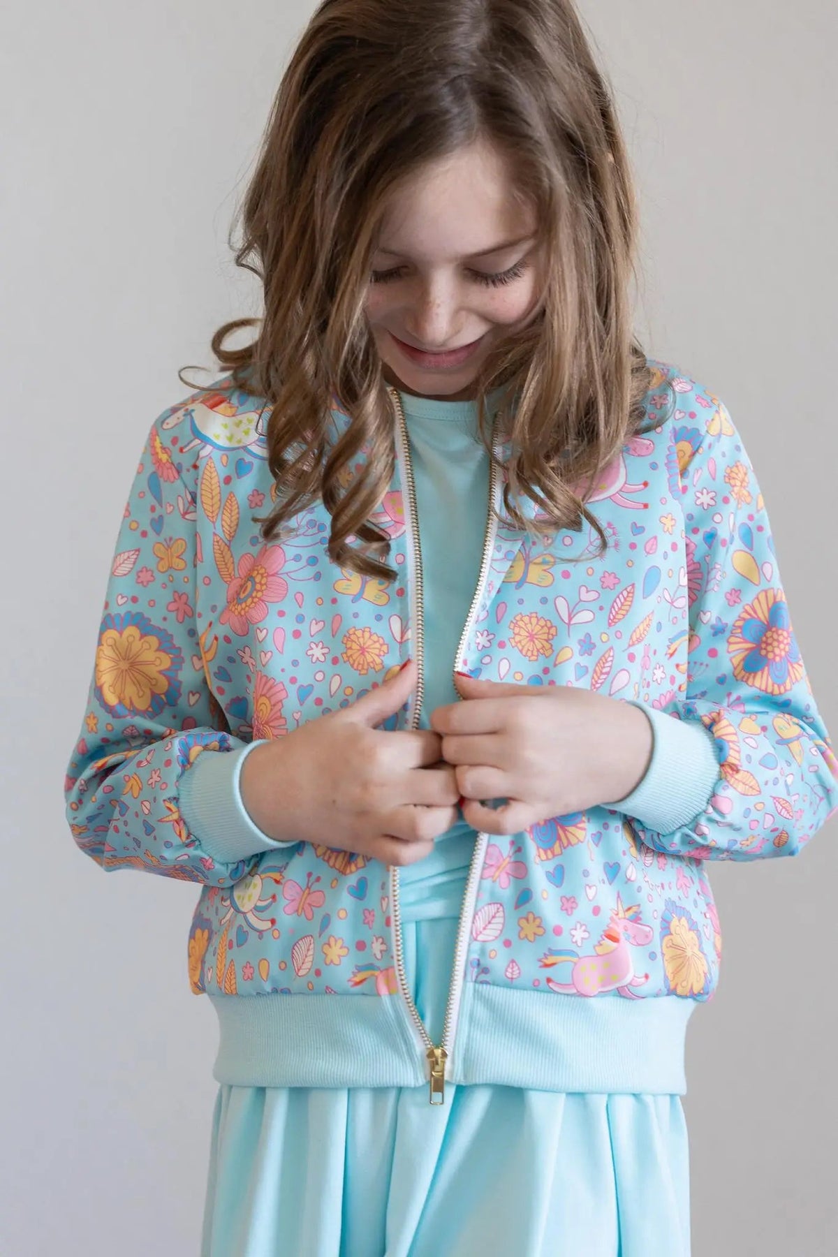 Mila & Rose ® Blue Retro Unicorns Satin Jacket For Girls And Teens - 