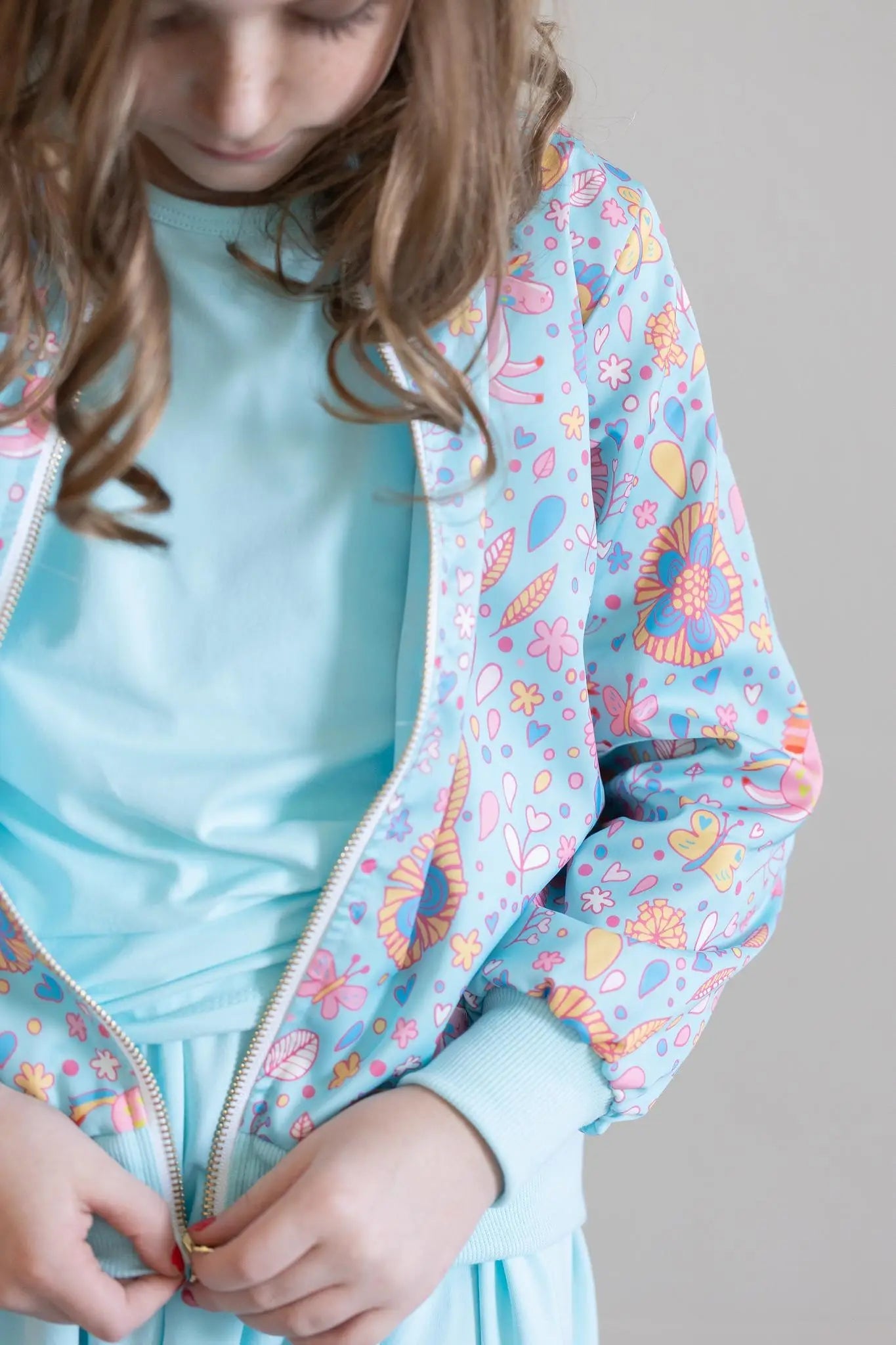 Mila & Rose ® Blue Retro Unicorns Satin Jacket For Girls And Teens - 