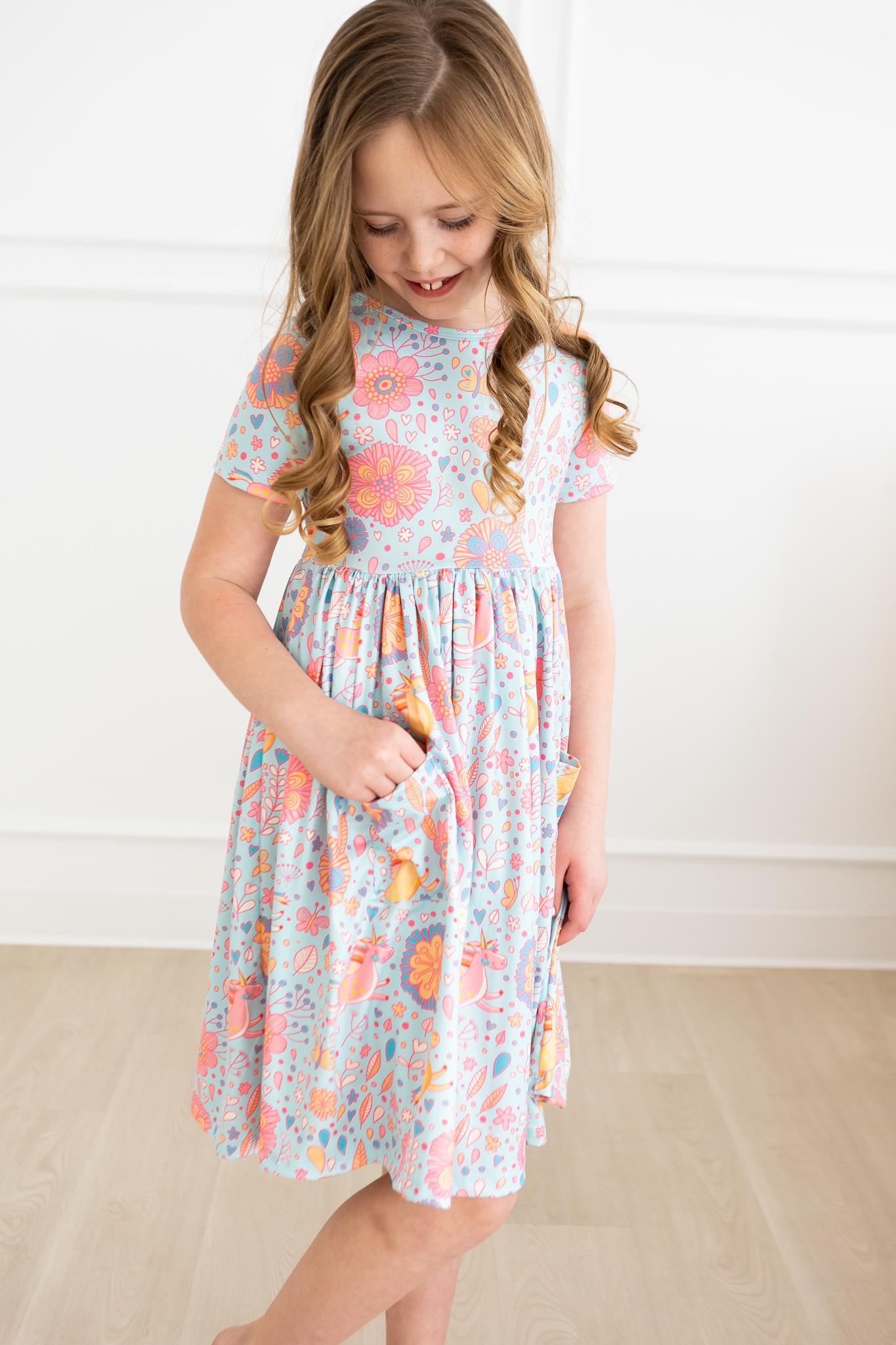 Mila & Rose ® Blue Retro Unicorns S/S Pocket Twirl Dress - 