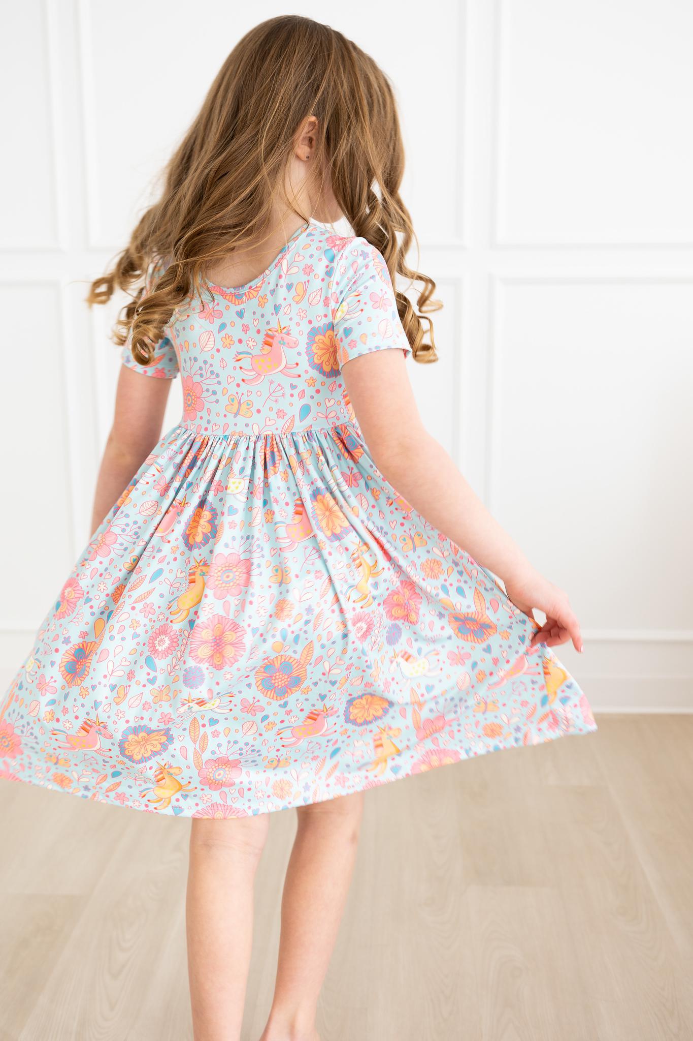 Mila & Rose ® Blue Retro Unicorns S/S Pocket Twirl Dress - 