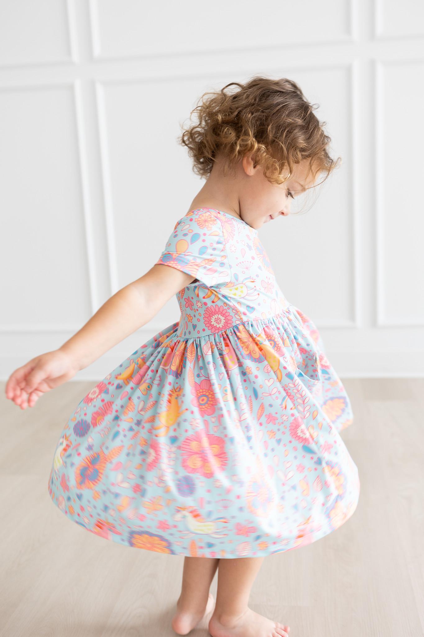 Mila & Rose ® Blue Retro Unicorns S/S Pocket Twirl Dress - 