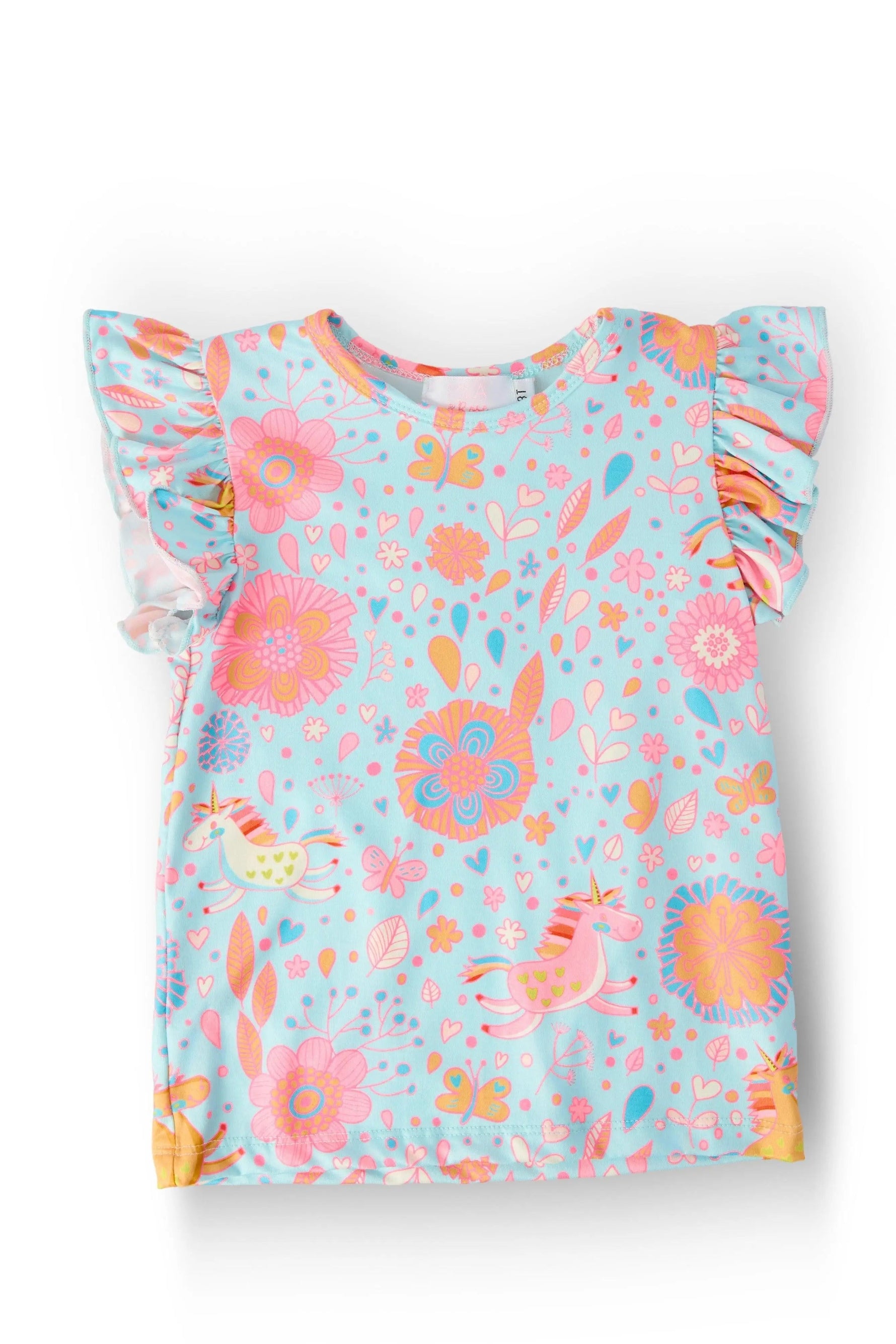 Mila & Rose ® Blue Retro Unicorns S/S Ruffle Tee - 