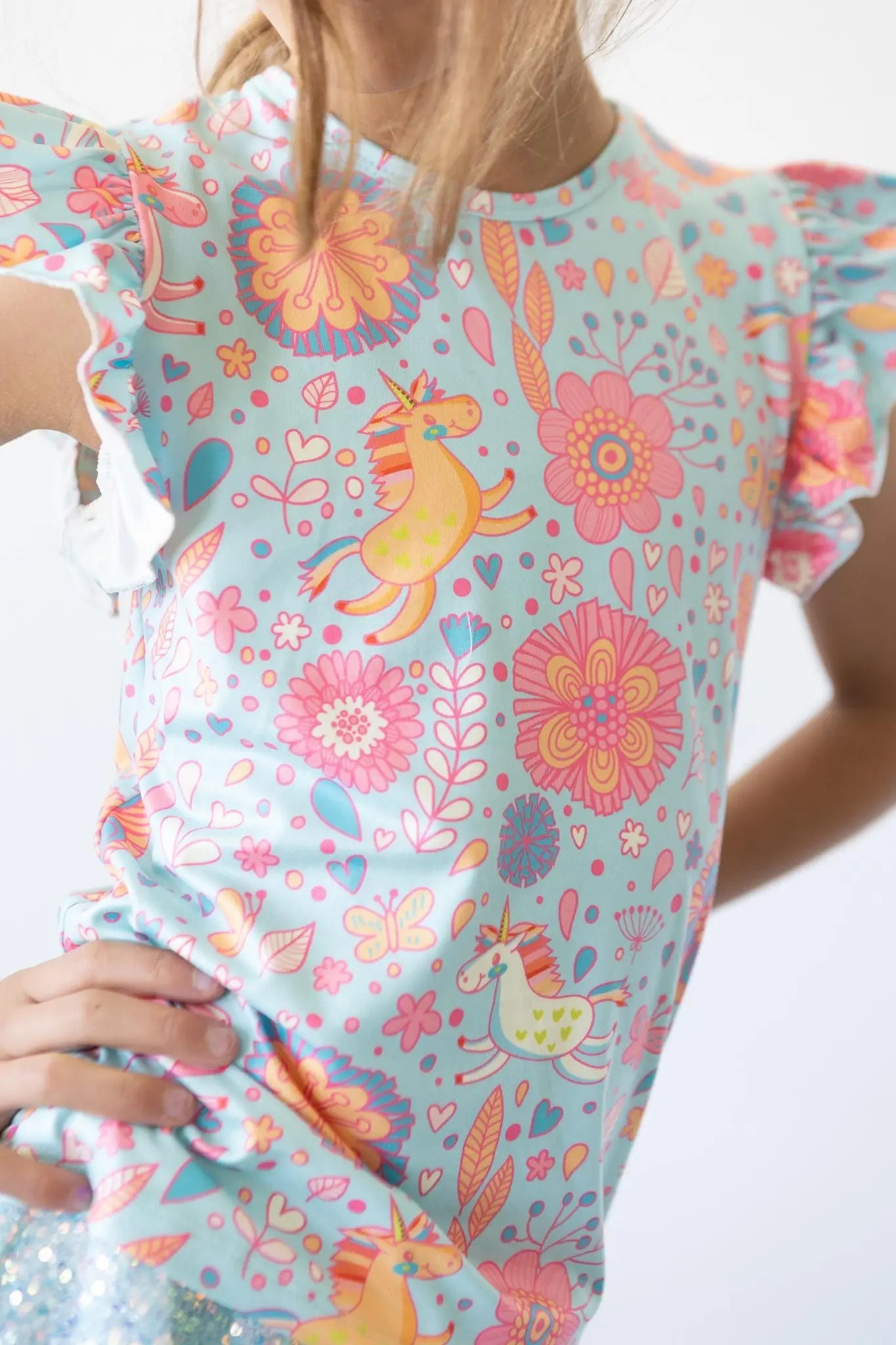Mila & Rose ® Blue Retro Unicorns S/S Ruffle Tee - 