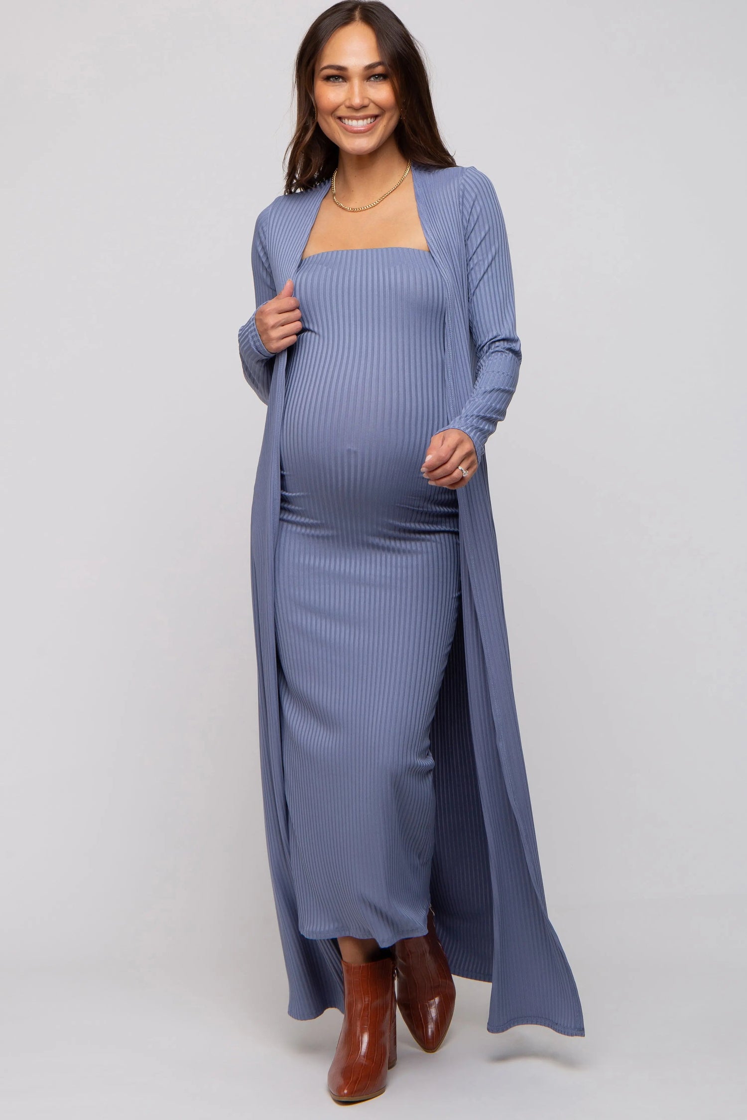 PinkBlush Blue Ribbed Sleeveless Dress Cardigan Maternity Set - 