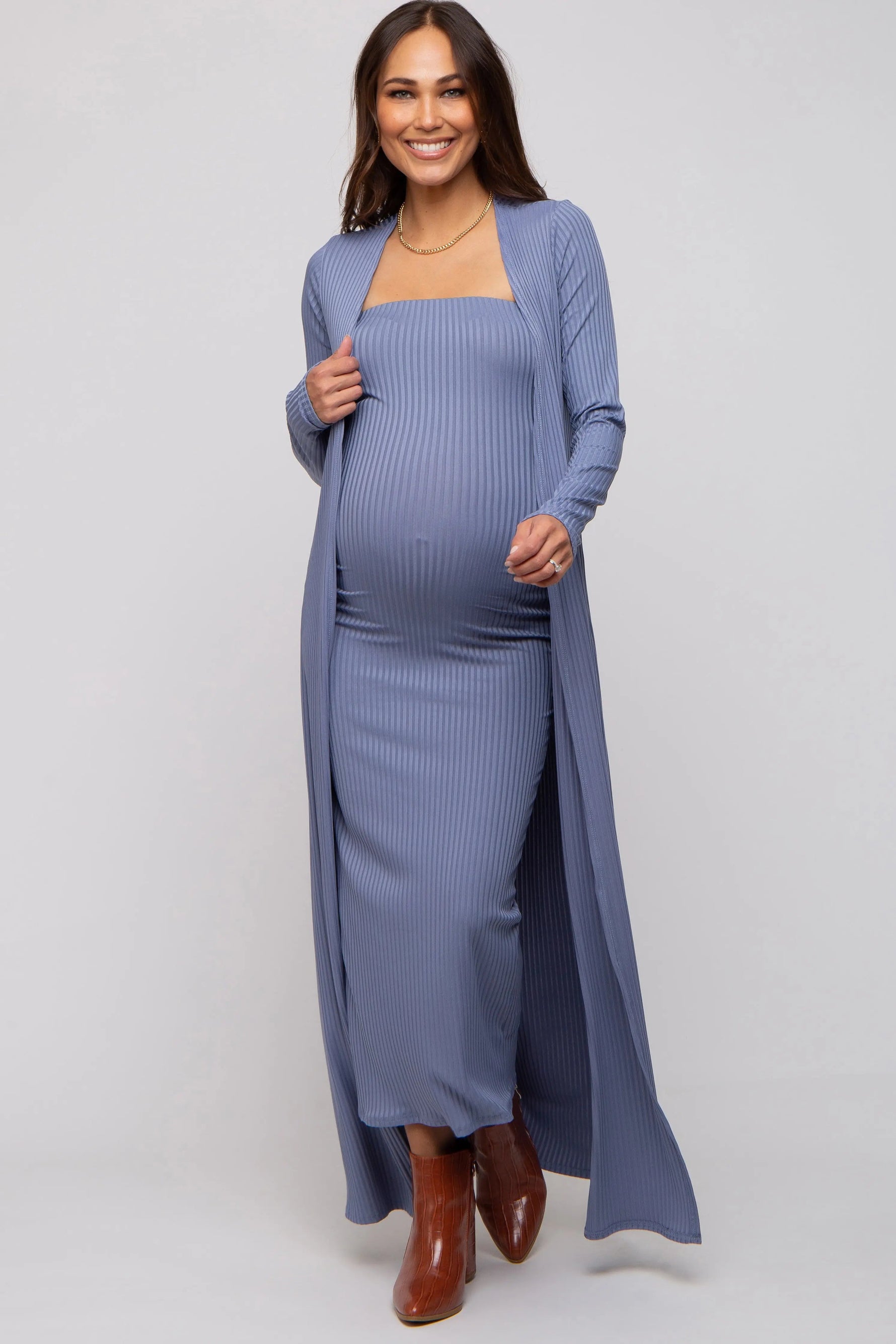 PinkBlush Blue Ribbed Sleeveless Dress Cardigan Maternity Set - 
