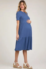 PinkBlush Blue Ribbed Tiered Maternity Midi Dress - 