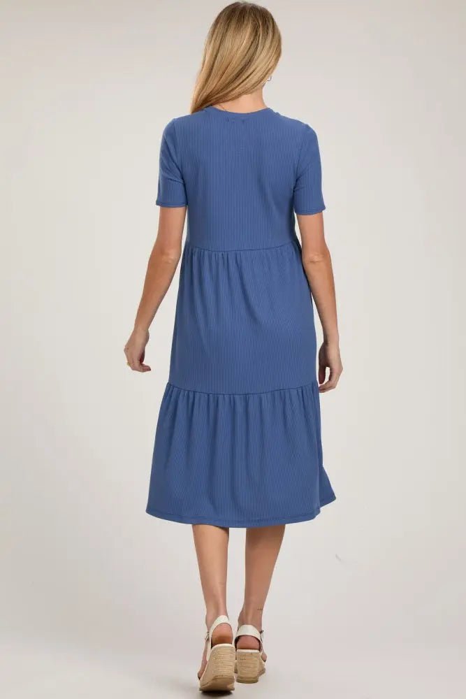 PinkBlush Blue Ribbed Tiered Maternity Midi Dress - 