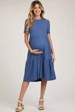 PinkBlush Blue Ribbed Tiered Maternity Midi Dress - 