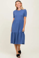 PinkBlush Blue Ribbed Tiered Maternity Midi Dress - 