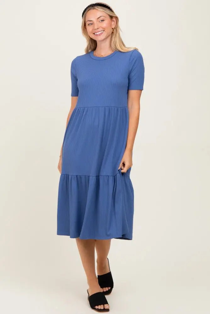 PinkBlush Blue Ribbed Tiered Maternity Midi Dress - 