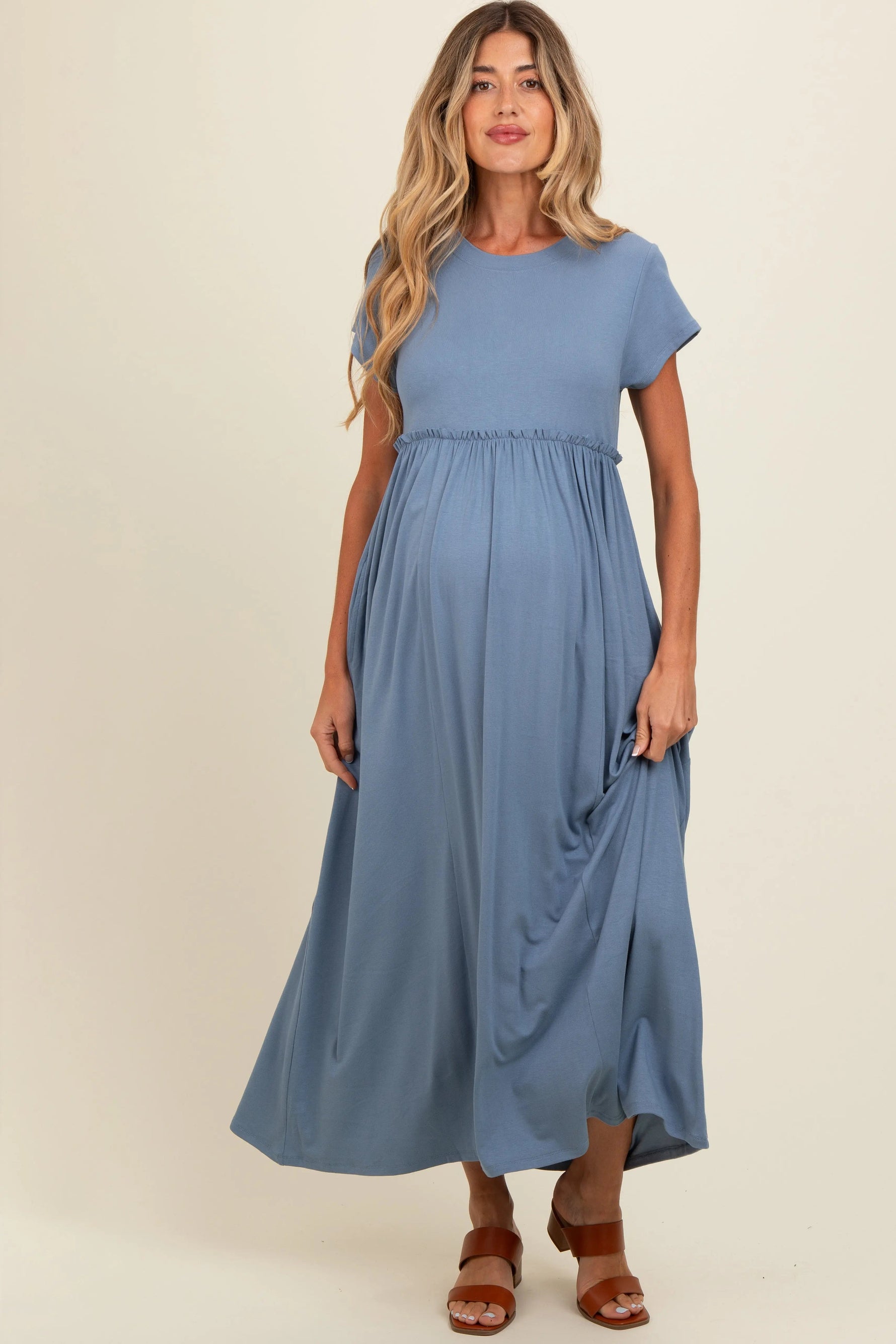 PinkBlush Blue Ruffle Trim Maternity Maxi Dress - 
