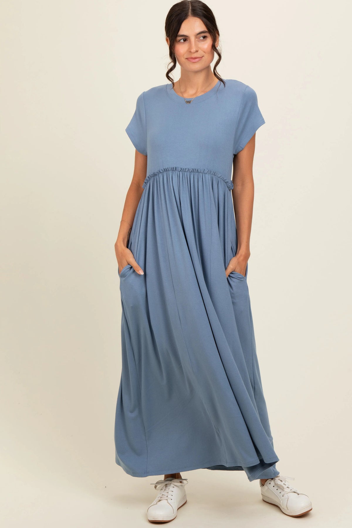 PinkBlush Blue Ruffle Trim Maternity Maxi Dress - 