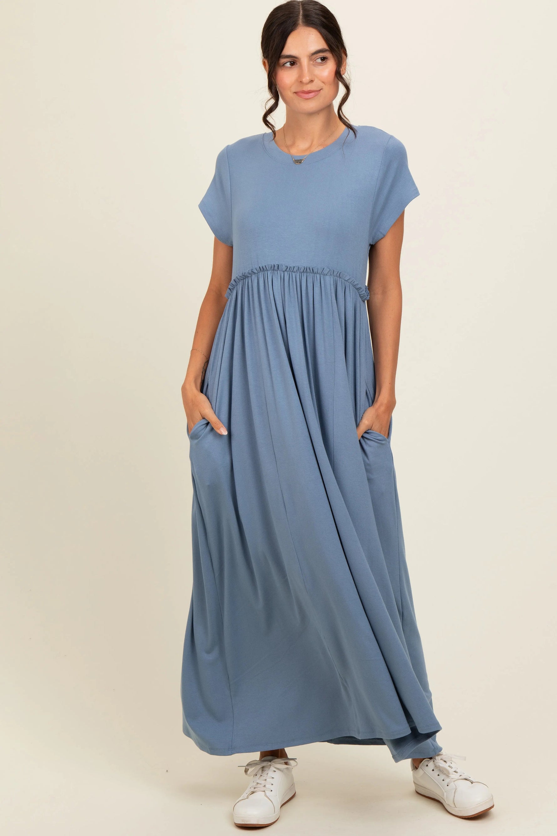 PinkBlush Blue Ruffle Trim Maternity Maxi Dress - 