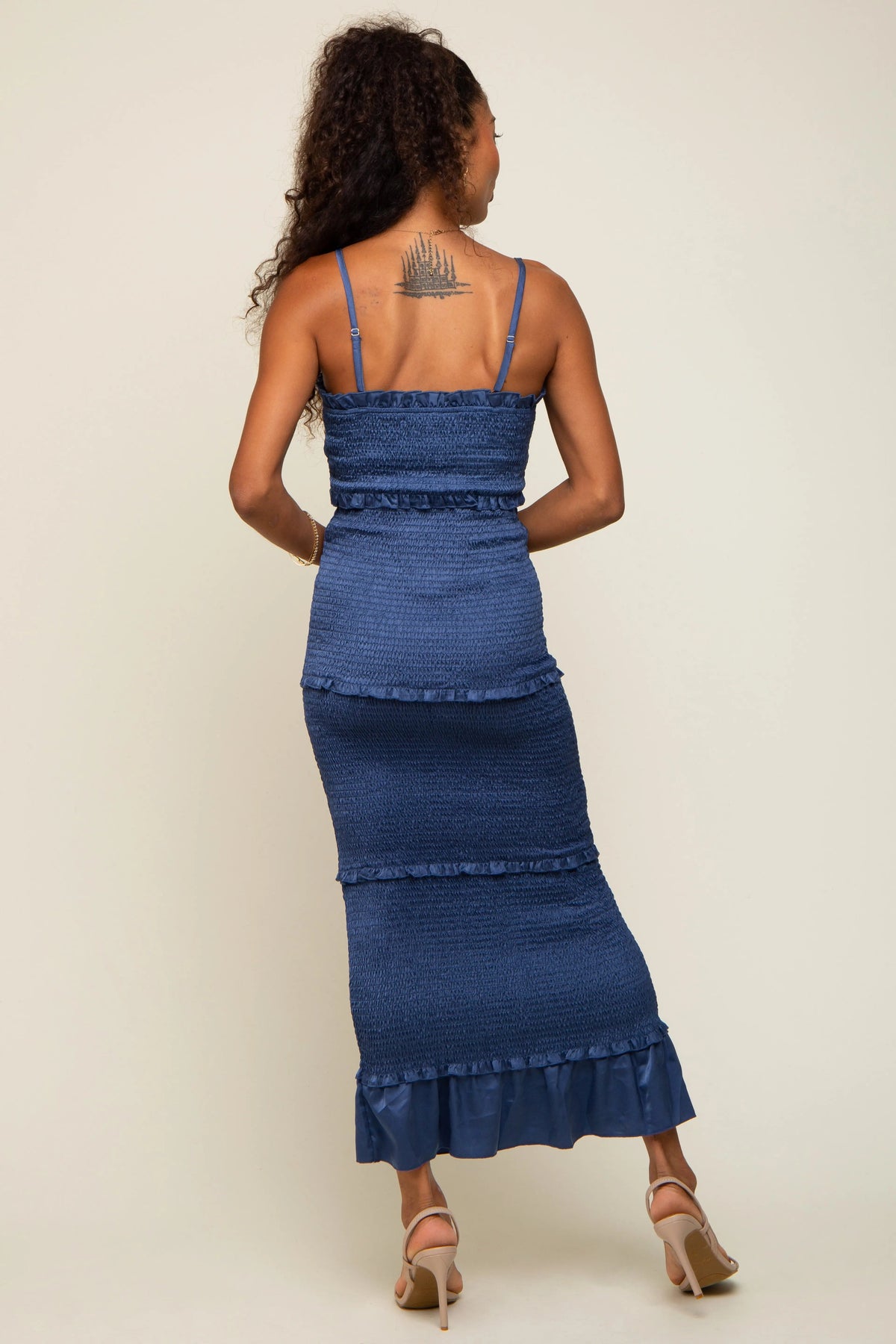PinkBlush Blue Satin Smocked Fitted Maxi Dress - 